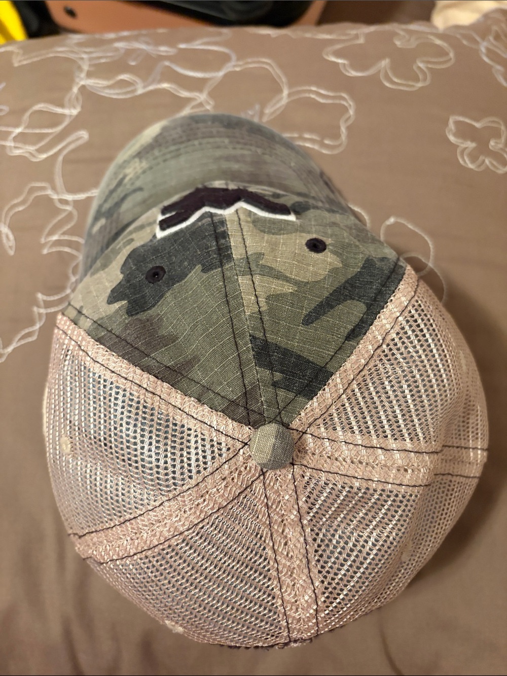 Top of the World Camo Trucker Hat with Black WV Patch and Tan Mesh - Picture 4 of 5